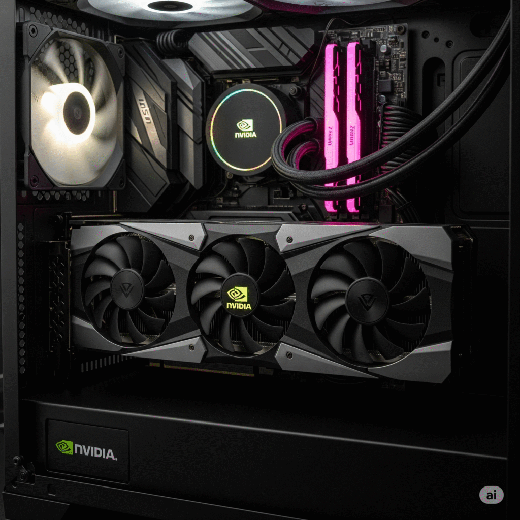 Ilustrasi kartu grafis Nvidia yang telah terpasang pada PC